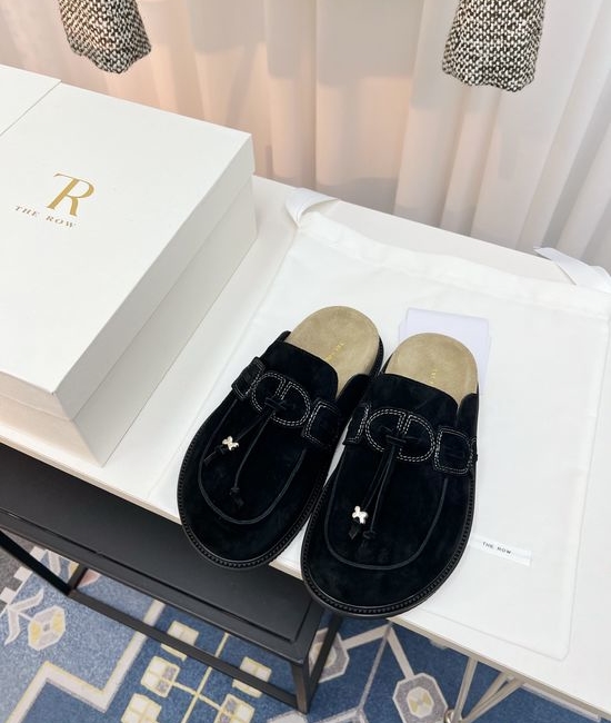 The Row Suede Fringe Closed Toe Slides With Non-slip Sole