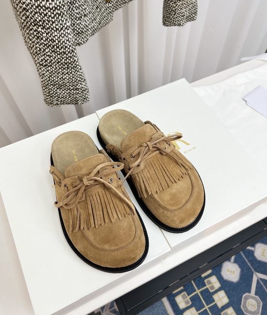 The Row Suede Fringe Closed Toe Slides With Non-slip Sole