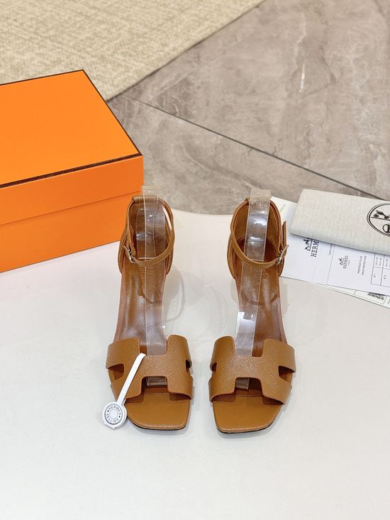 Hermes Premium Cowhide Leather Sole Block Heel Dress Shoes