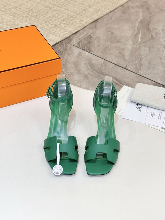 Hermes Premium Cowhide Leather Sole Block Heel Dress Shoes