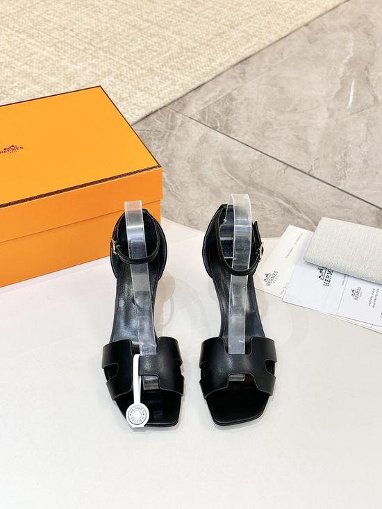 Hermes Premium Cowhide Leather Sole Block Heel Dress Shoes