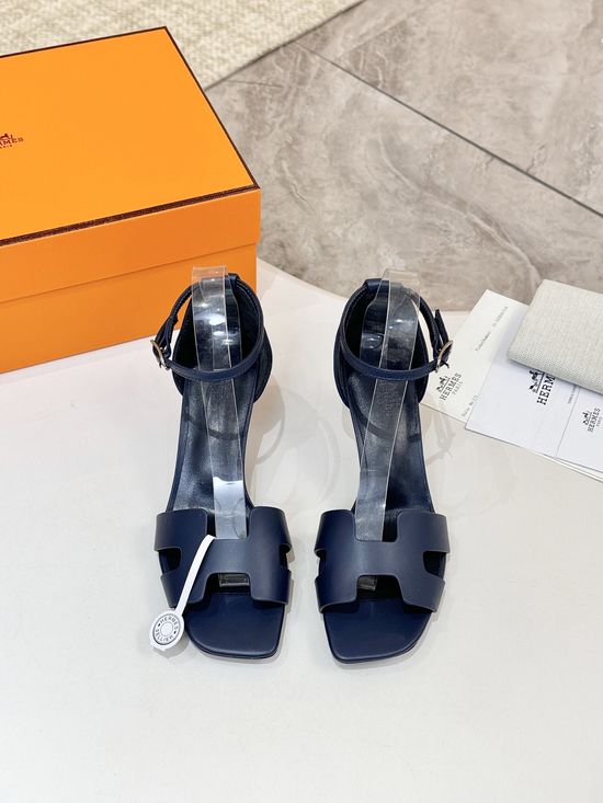 Hermes Premium Cowhide Leather Sole Block Heel Dress Shoes