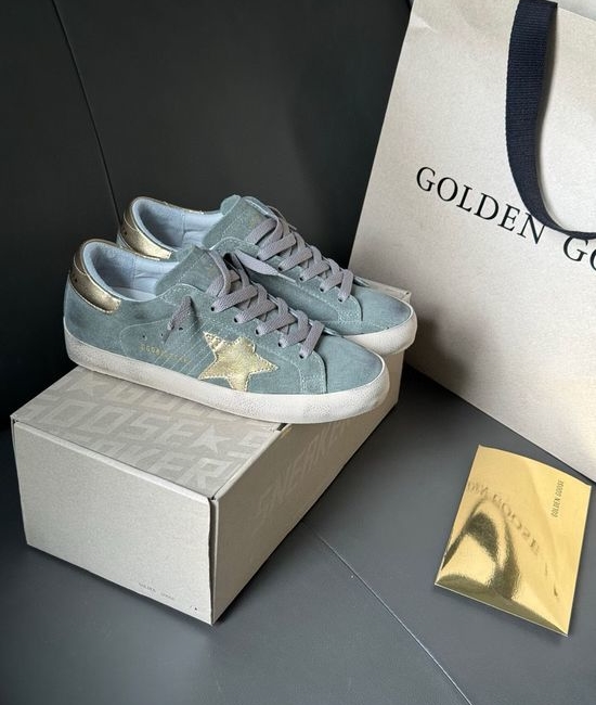 Golden Goose GGDB Distressed Green Grey Casual Sneakers with Gold Accents