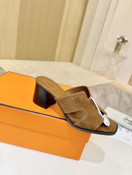 Hermes Premium Cowhide Leather Sole Mid Heel Dress Shoes