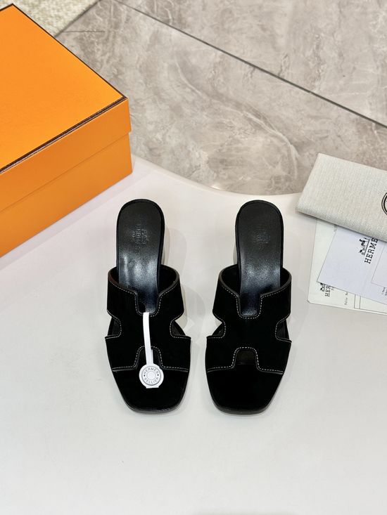 Hermes Premium Cowhide Leather Sole Mid Heel Dress Shoes