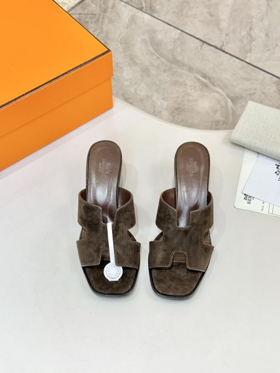 Hermes Premium Cowhide Leather Sole Mid Heel Dress Shoes
