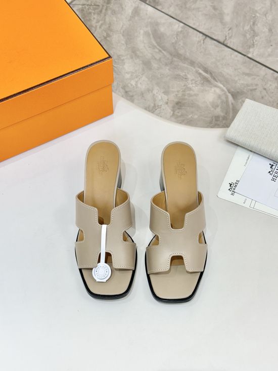 Hermes Premium Cowhide Leather Sole Mid Heel Dress Shoes