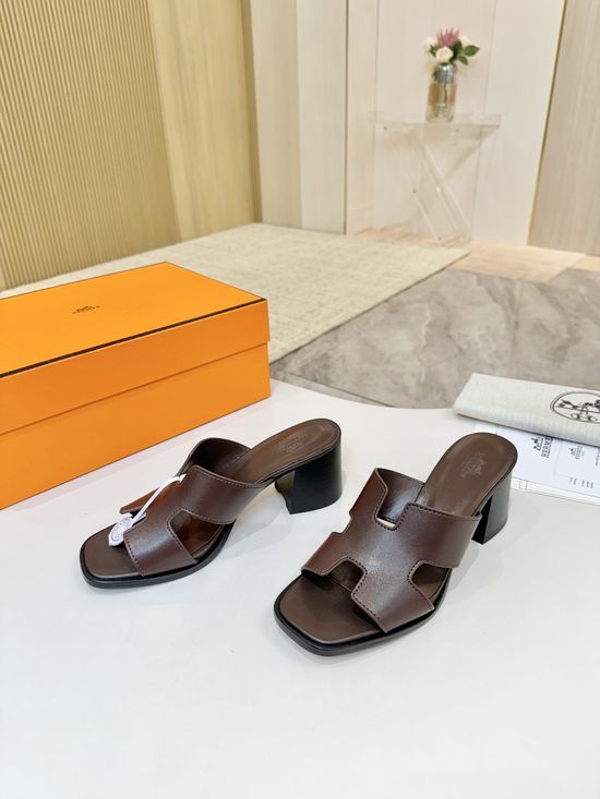 Hermes Premium Cowhide Leather Sole Mid Heel Dress Shoes