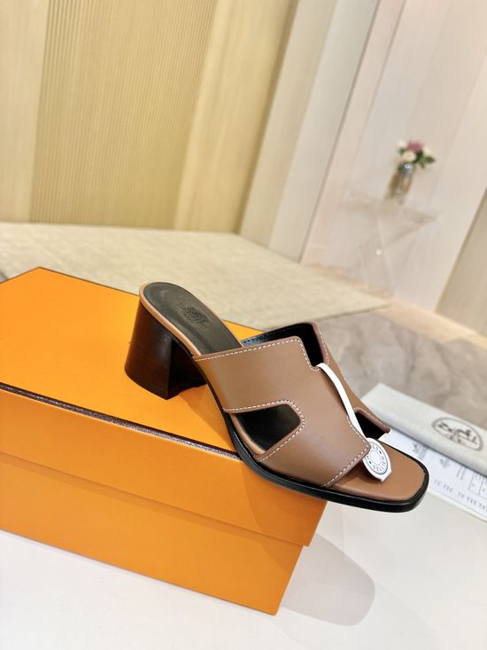 Hermes Premium Cowhide Leather Sole Mid Heel Dress Shoes