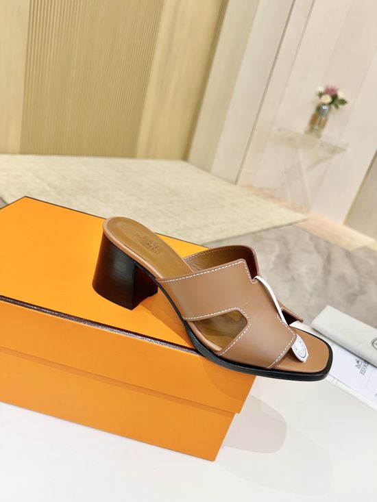 Hermes Premium Cowhide Leather Sole Mid Heel Dress Shoes