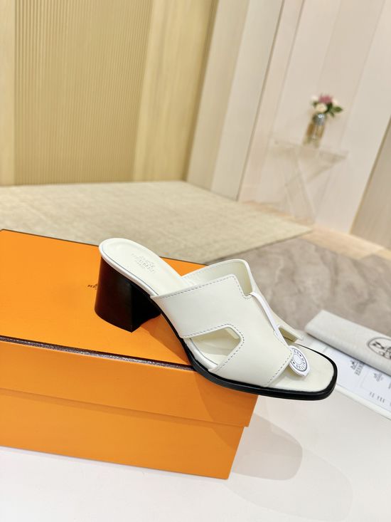 Hermes Premium Cowhide Leather Sole Mid Heel Dress Shoes