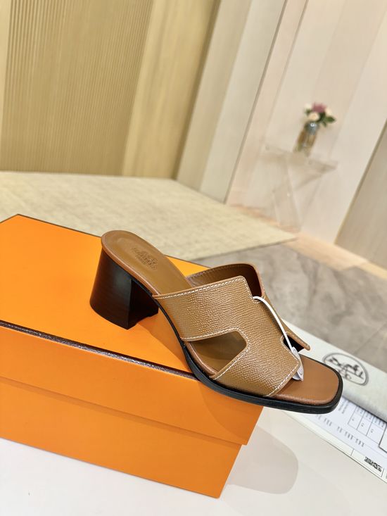 Hermes Premium Cowhide Leather Sole Mid Heel Dress Shoes