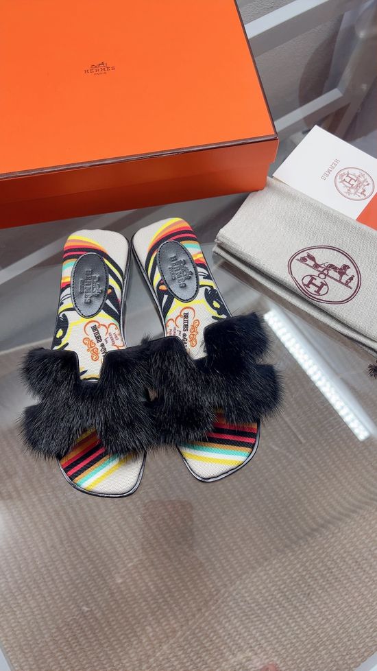 Hermes Mink Fur Open Toe Classic Flat Slide Slippers
