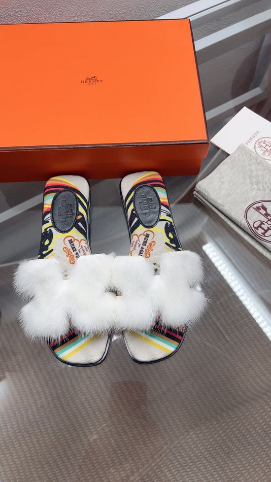 Hermes Mink Fur Open Toe Classic Flat Slide Slippers