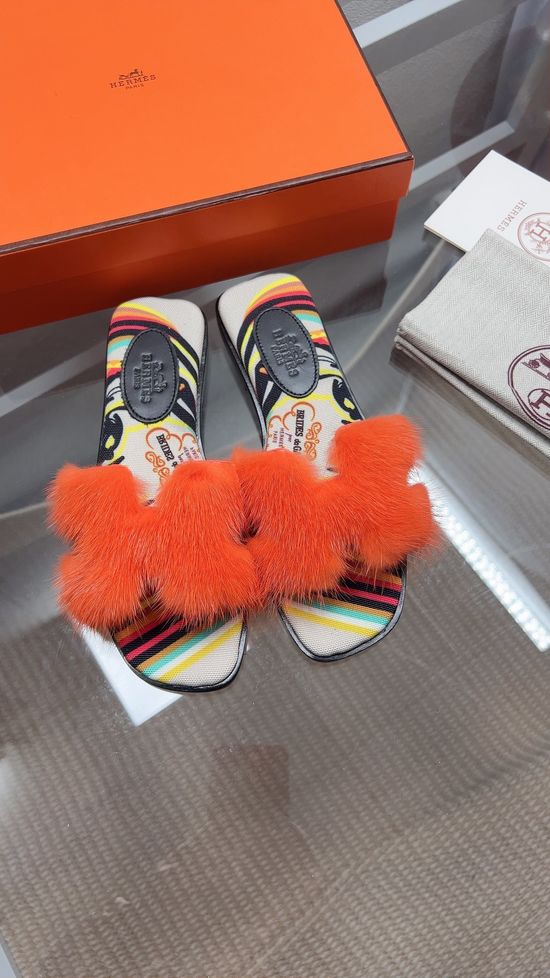 Hermes Mink Fur Open Toe Classic Flat Slide Slippers