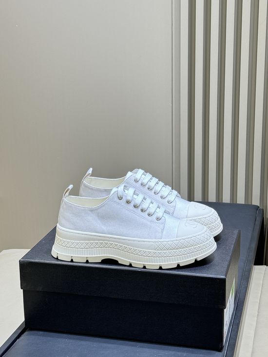 Chanel Quilted Platform Canvas Shoes With Classic Emblem Details