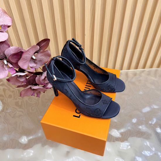 Louis Vuitton High Heel Denim Rhinestone Slippers Goatskin Lining