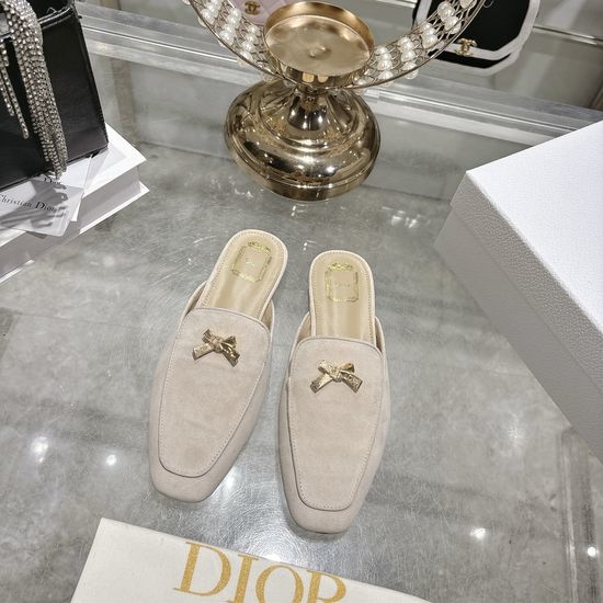 Christian Dior CD Bow Decor Leather Pointed Toe Mule Flat Slippers