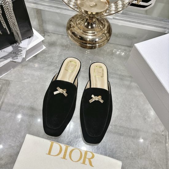 Christian Dior CD Bow Decor Leather Pointed Toe Mule Flat Slippers