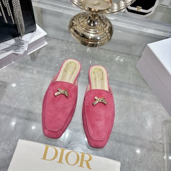 Christian Dior CD Bow Decor Leather Pointed Toe Mule Flat Slippers
