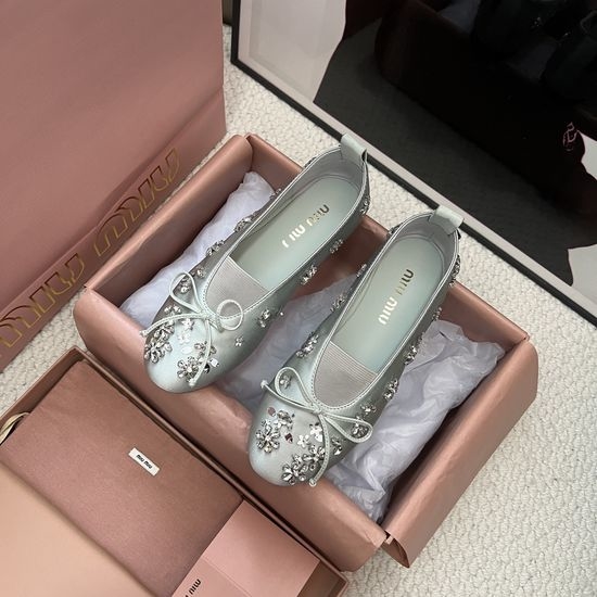 Miu Miu Satin Bow Rhinestone Decor Comfortable Flat Shoes
