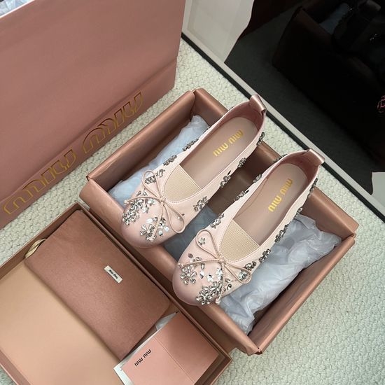 Miu Miu Satin Bow Rhinestone Decor Comfortable Flat Shoes