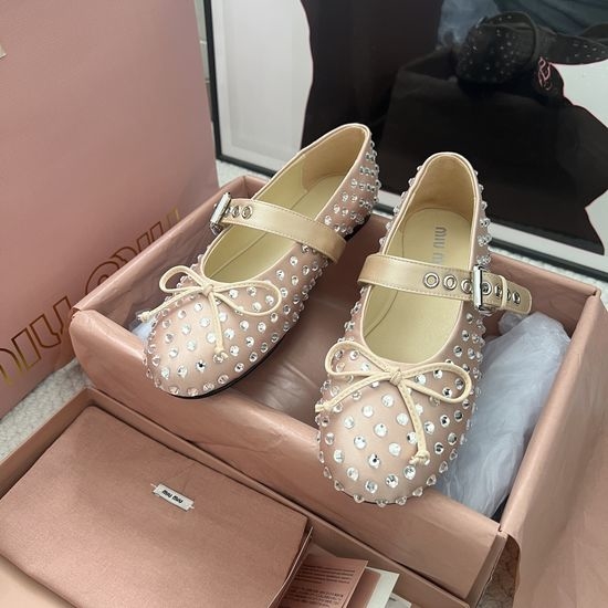Miu Miu Rhinestone Decor Leather Classic Ballet Flats