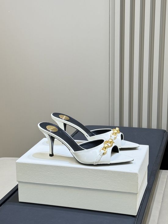 Yves Saint Laurent Chic Pointed Toe Block Heel Mules With Chain Detail
