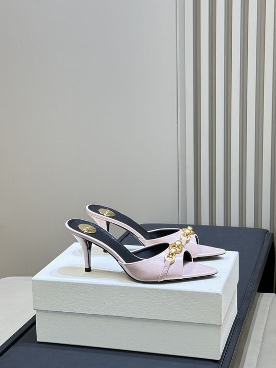 Yves Saint Laurent Chic Pointed Toe Block Heel Mules With Chain Detail