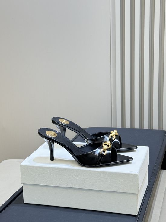 Yves Saint Laurent Chic Pointed Toe Block Heel Mules With Chain Detail
