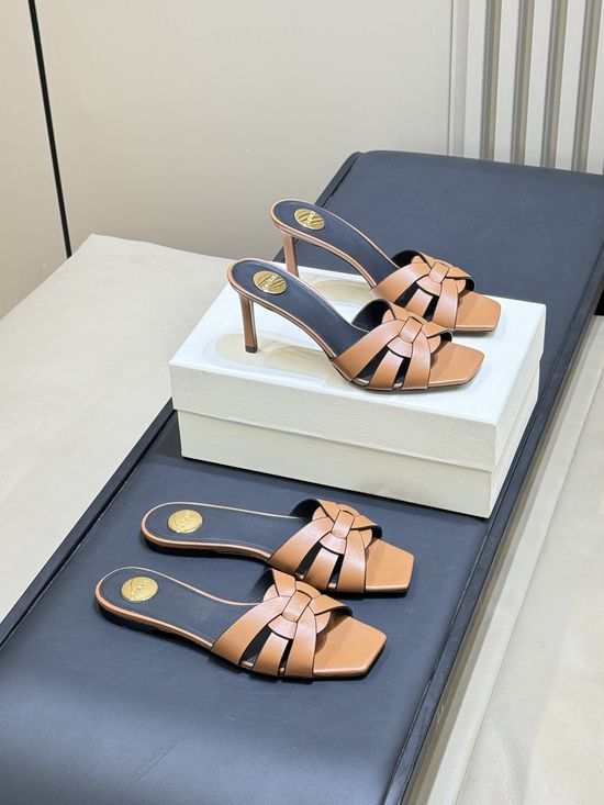Yves Saint Laurent Woven Leather Square Toe Heeled Slide Sandals
