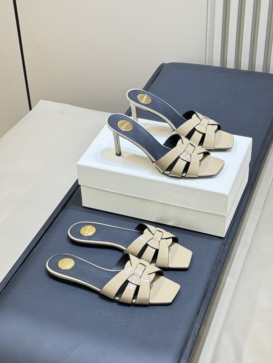 Yves Saint Laurent Woven Leather Square Toe Heeled Slide Sandals