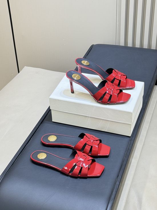 Yves Saint Laurent Woven Leather Square Toe Heeled Slide Sandals