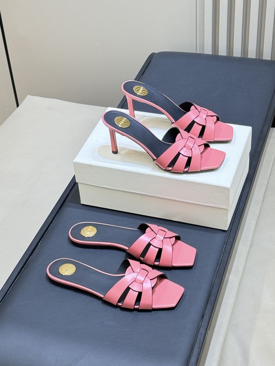 Yves Saint Laurent Woven Leather Square Toe Heeled Slide Sandals