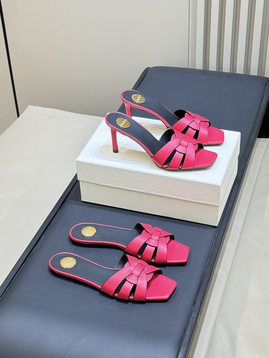 Yves Saint Laurent Woven Leather Square Toe Heeled Slide Sandals