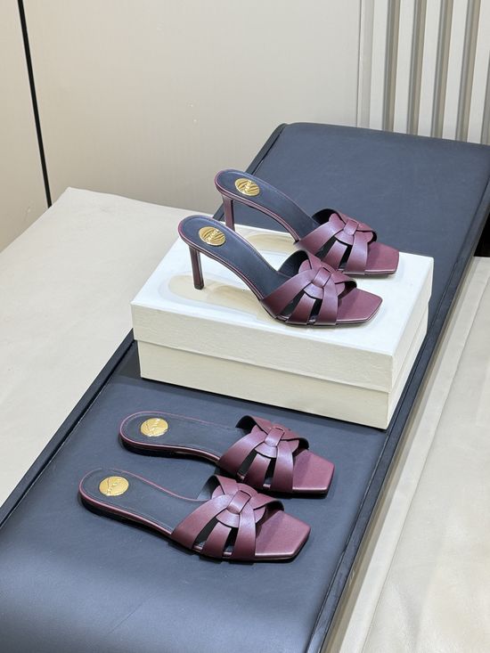 Yves Saint Laurent Woven Leather Square Toe Heeled Slide Sandals