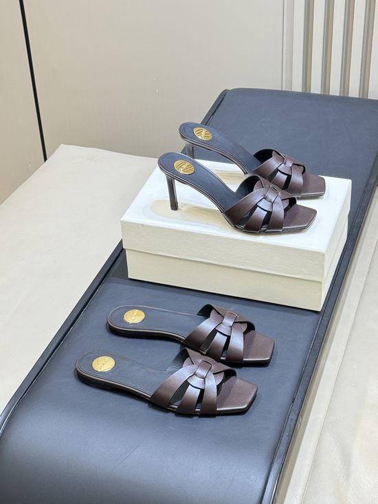 Yves Saint Laurent Woven Leather Square Toe Slides Comfortable Elegant Daily Wear