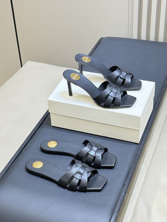 Yves Saint Laurent Woven Leather Square Toe Heeled Slide Sandals
