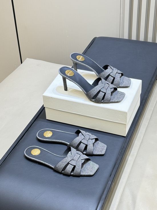 Yves Saint Laurent Woven Leather Square Toe Heeled Slide Sandals