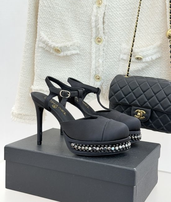 Chanel T Strap Rhinestone Platform High Heel Sandals Elegant Party Shoes