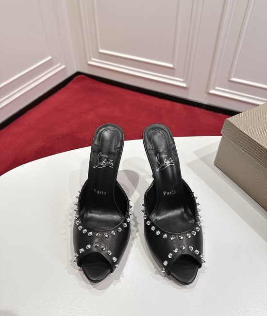 Christian Louboutine Premium Quality Open Toe Studded High Heel Slippers