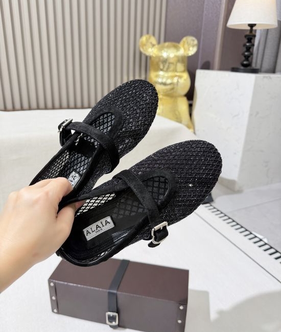 Alaia Mesh Rhinestone Buckle Strap Flat Ballet Shoes