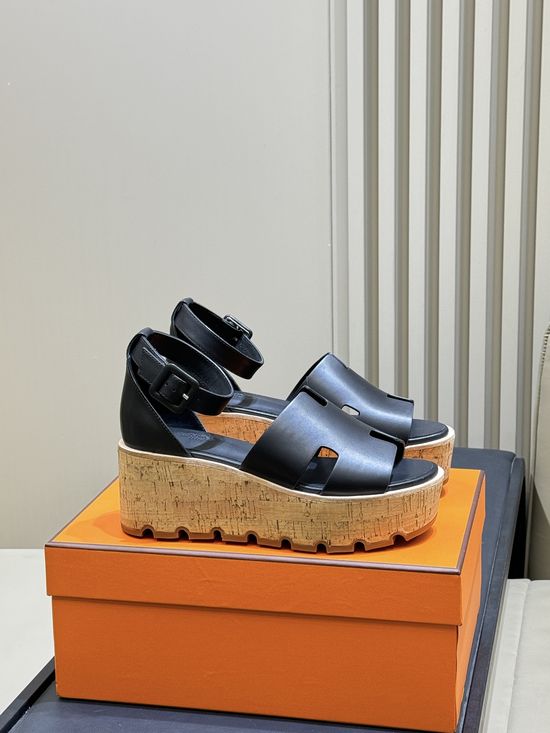 Hermes Classic H-shaped Platform Leather Sandals Comfortable Casual Shoes