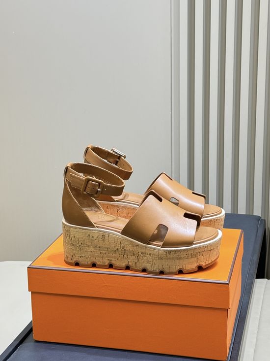 Hermes Classic H-shaped Platform Leather Sandals Comfortable Casual Shoes