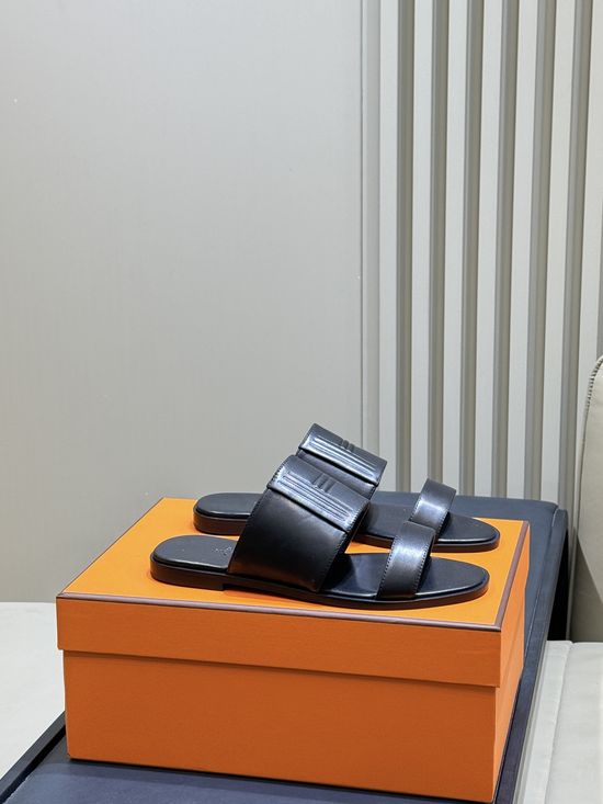 Hermes Classic Double Strap Leather Slides Comfortable Casual Footwear