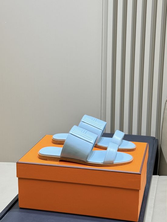 Hermes Classic Double Strap Leather Slides Comfortable Casual Footwear