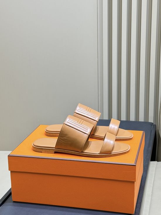 Hermes Classic Double Strap Leather Slides Comfortable Casual Footwear