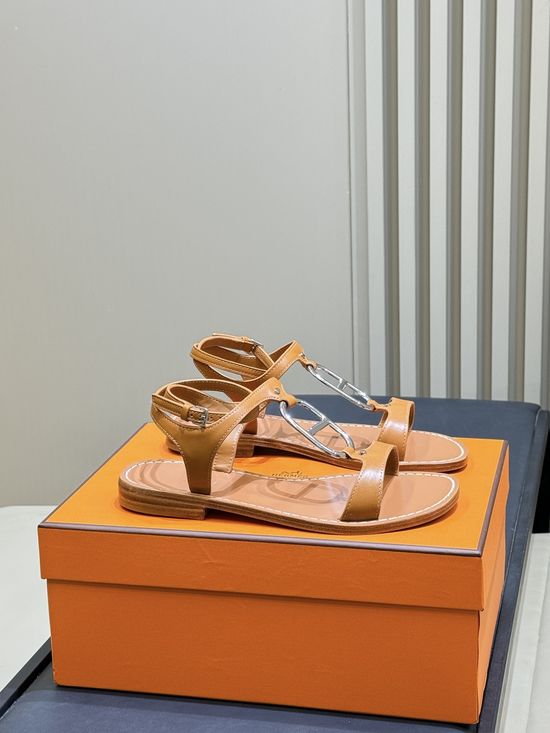 Hermes Cowhide Flat Sandals with Metal Buckle Elegant Comfortable Summer Shoes