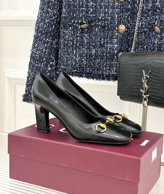 Gucci Classic Metal Accent Block Heel Leather Pumps