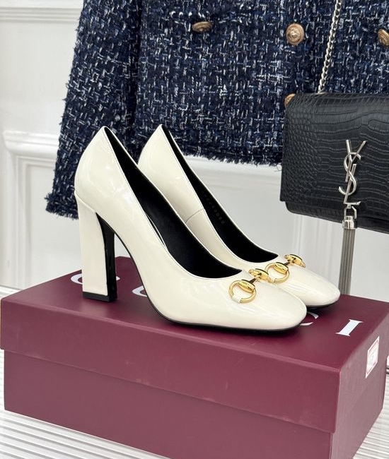 Gucci Classic Metal Accent Block Heel Leather Pumps